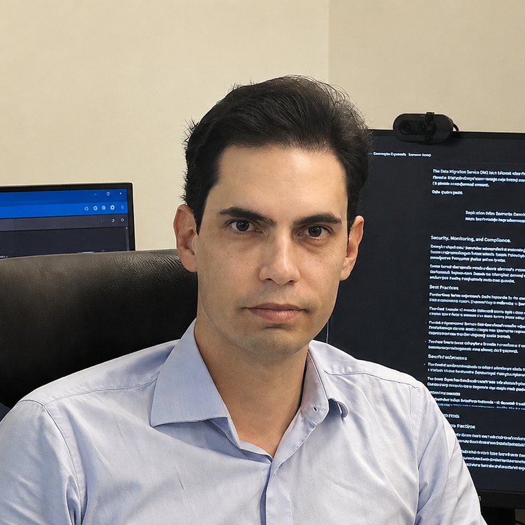 André Cavalcanti sentado à sua mesa de trabalho, entre monitores.